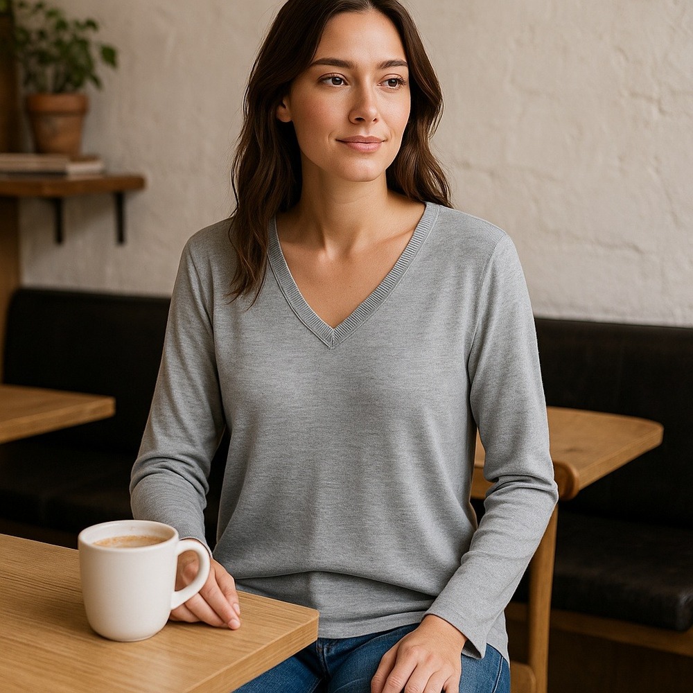 Ellos Women's Size 12-14 Gray V-Neck Long‎ Sleeve Lightweight Sweater Minimalist